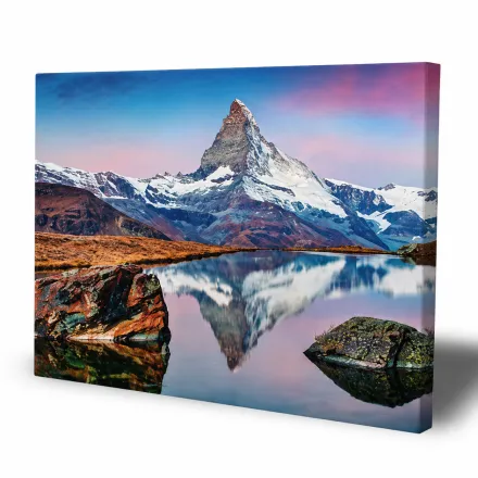 Berge Wandbild - Leinwandbild mit Bergsee und verschneitem Gipfel