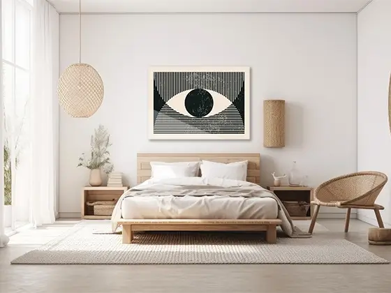 Tableau sur verre minimaliste avec motif d’œil au-dessus du lit dans une chambre moderne