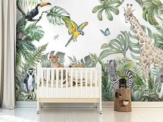 Chambre d’enfant avec papier peint photo animaux – décoration murale ludique aux motifs colorés