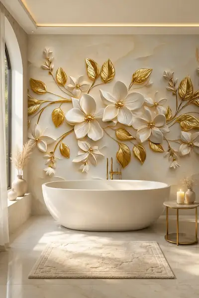 Fotobehang met wit bloesemreliëf en gouden bladeren in een badkamer met vrijstaand bad