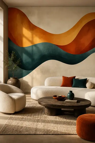 Fotobehang met abstracte golfbanden in terracotta en petrolblauw in een woonkamer met crème bank