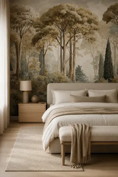 Fotobehang met handgeschilderd bos in ivoor en beige in een slaapkamer met linnen hoofdbord