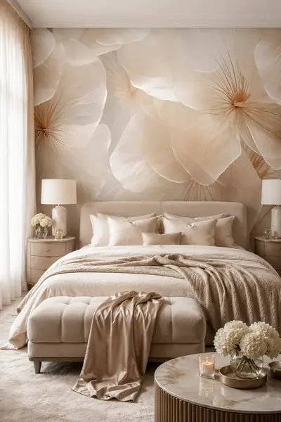 Fotobehang met transparante bloemblaadjes in beige en champagne in een slaapkamer met marmeren nachtkastjes
