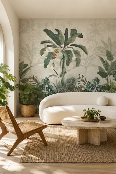 Fotobehang met vintage jungle en bananenboom in een woonkamer met ronde bouclébank