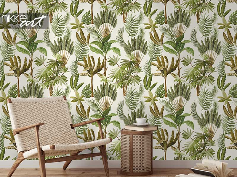 Behang Naadloos patroon met exotische bomen zoals ons palm en banaan. Interieur vintage behang