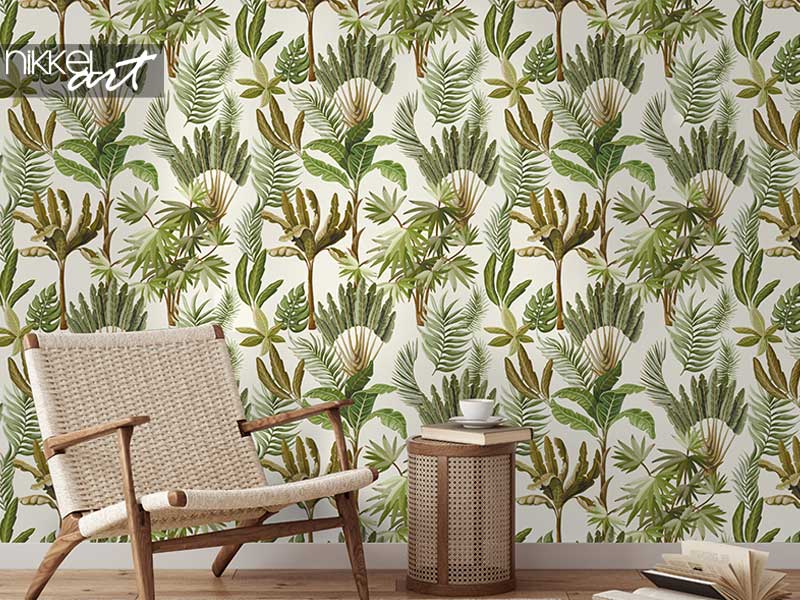 Behang Naadloos patroon met exotische bomen zoals ons palm en banaan. Interieur vintage behang