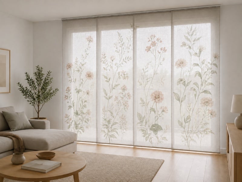 Vier vlakke paneelgordijnen met bloemenmotief voor een breed raam, hangend aan een plafondrail