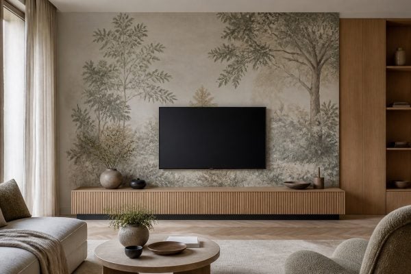 Fotobehang achter de tv: rust, uitsnede en kabels