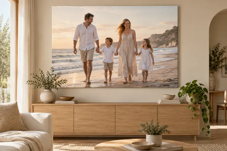 Visualisatie van een familiefoto op canvas in een lichte woonkamer