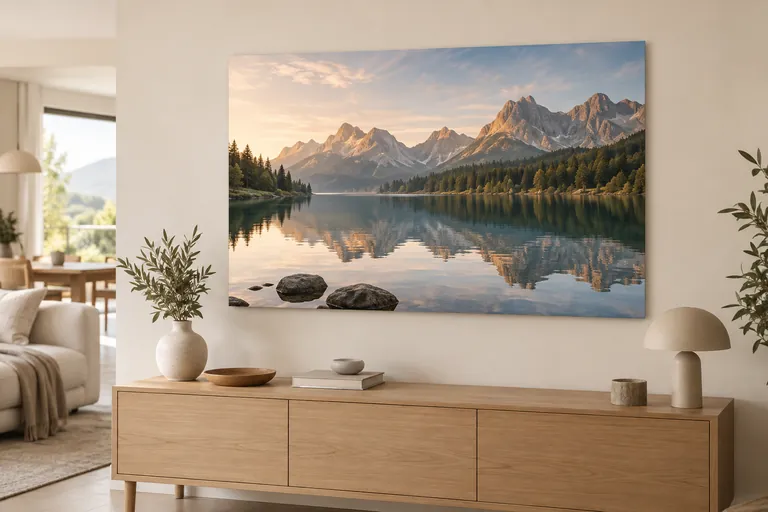 Visualisatie van een berglandschap als foto op aluminium