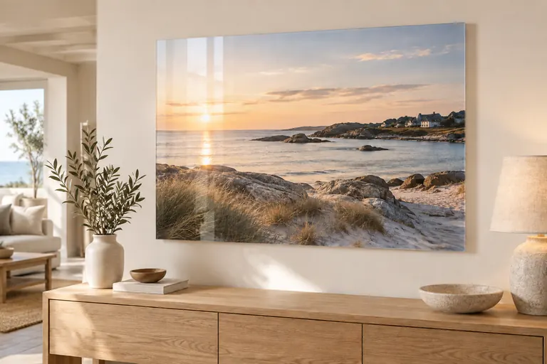 Visualisatie van een kustlandschap als foto op plexiglas
