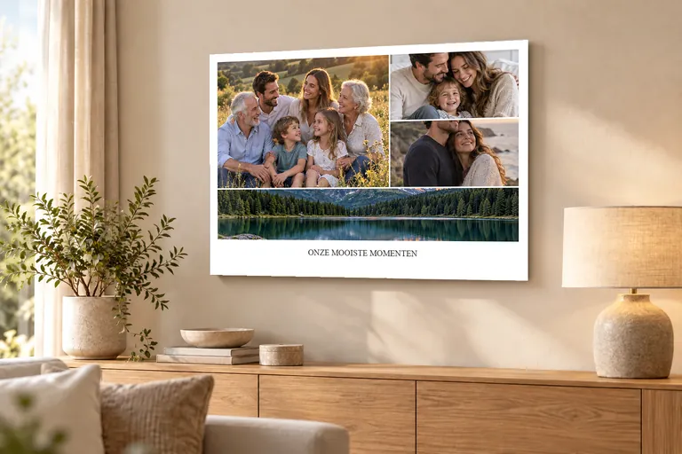 Persoonlijke fotocollage op plexiglas in een warme woonkamer
