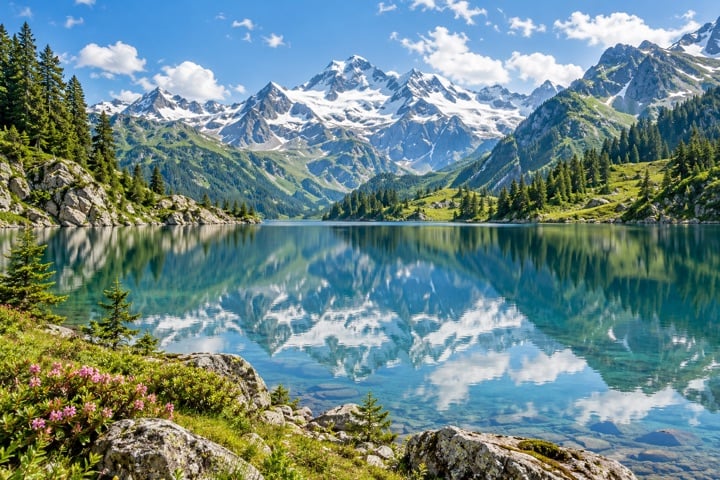 Bergmeer tussen groene bergtoppen als cadeau-inspiratie voor een natuurliefhebber