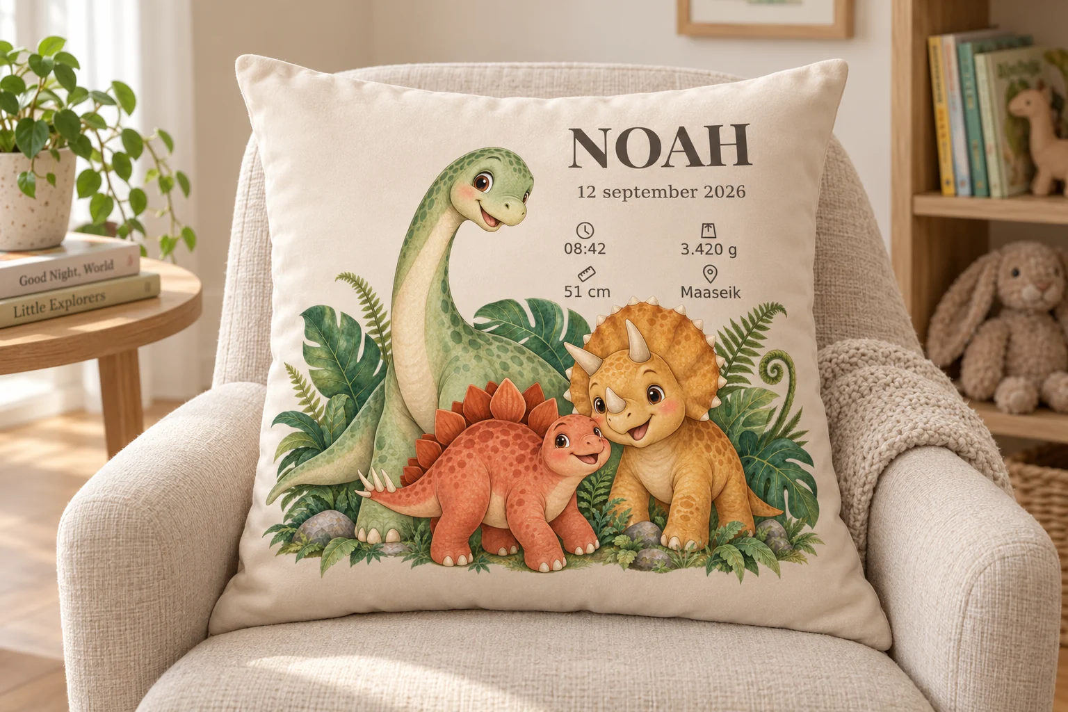 Geboortekussen met naam en dinosaurussen op een fauteuil