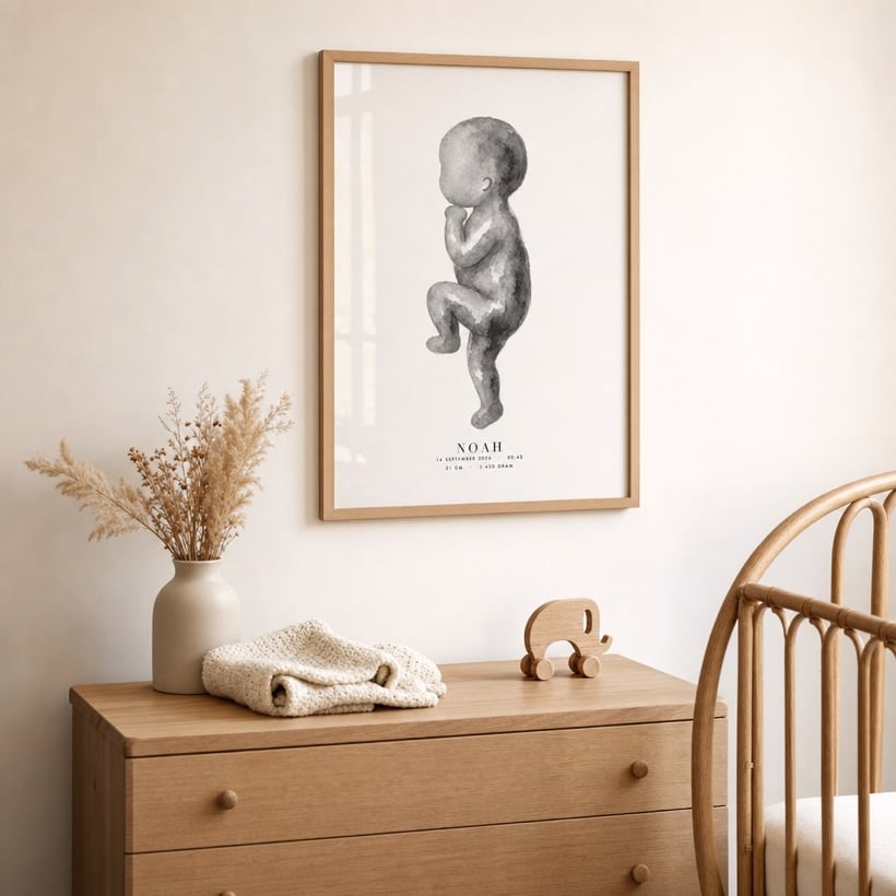 Geboorteposter in een eiken lijst in de kinderkamer