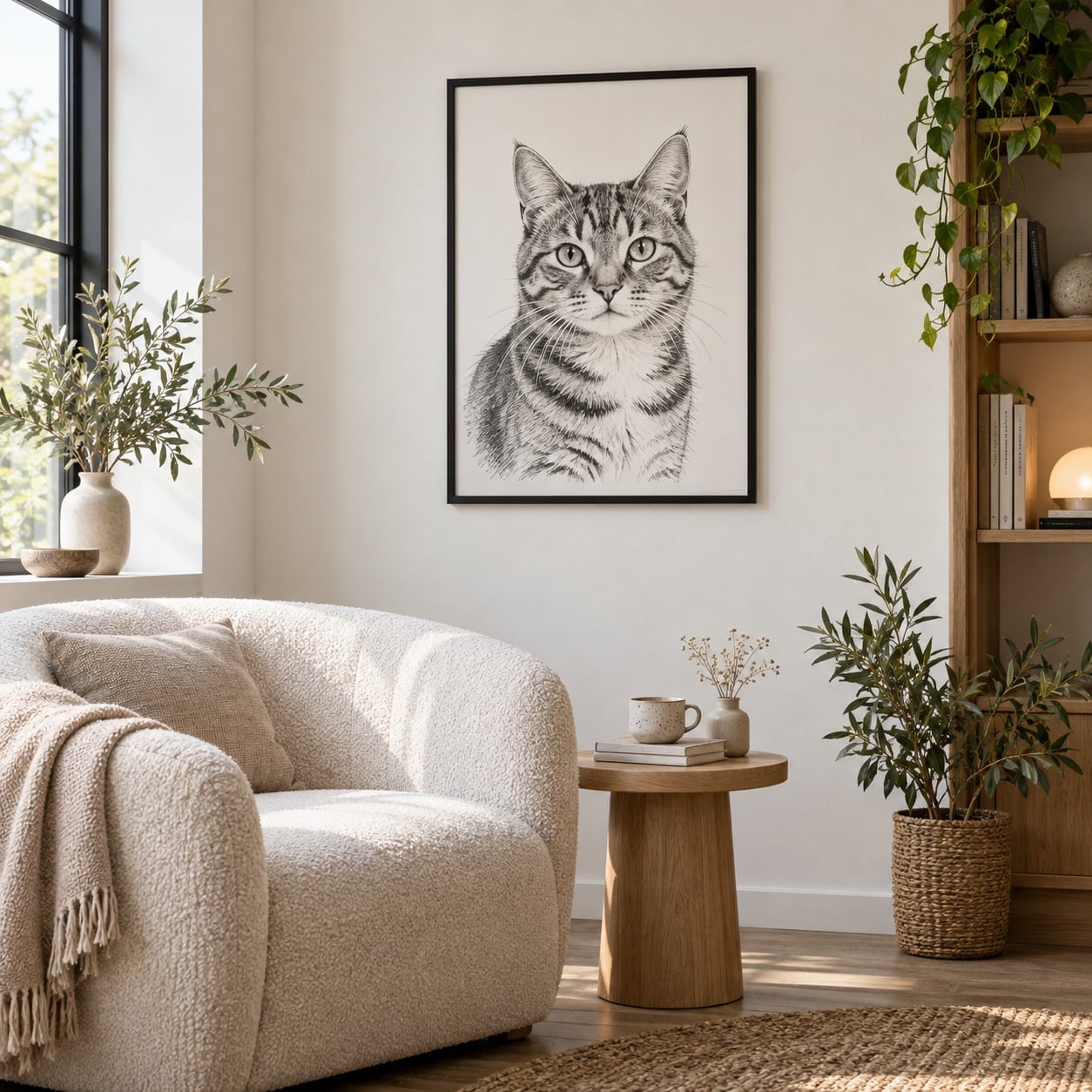 Kattenportret aan de muur in een lichte leeshoek