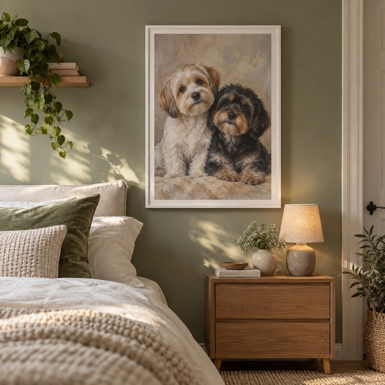 Dubbel huisdierportret in een rustige saliegroene slaapkamer