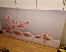 Canvas schilderij Roze kersenbloesems gerangschikt op witte stenen tegen een blauwe achtergrond