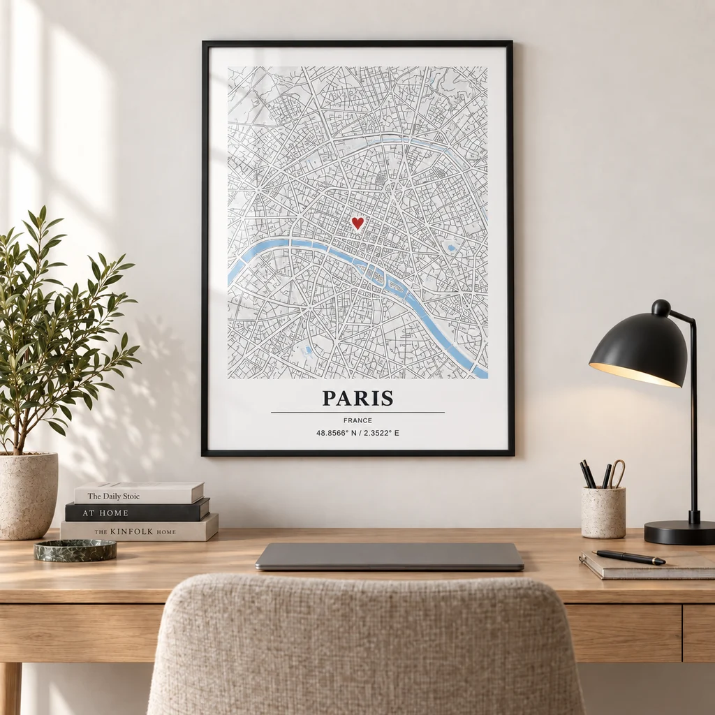 Ingelijste kaartposter van Parijs in een lichte werkkamer