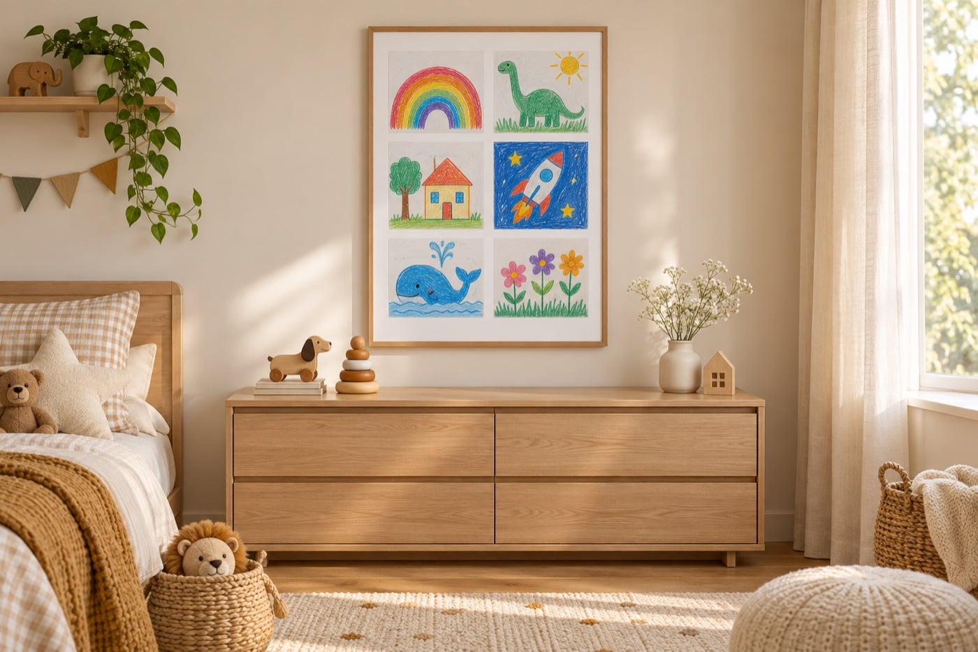 Verzamelposter met kleurrijke kindertekeningen in een eiken lijst in de kinderkamer