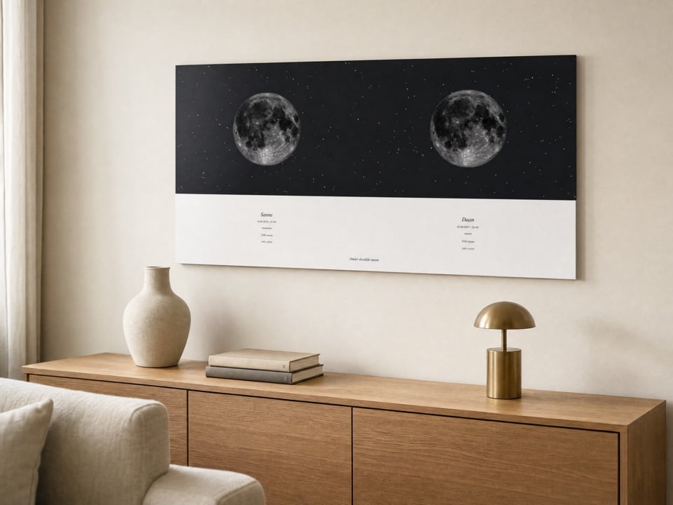 Persoonlijke maanposter met twee goed zichtbare manen in een lichte woonkamer